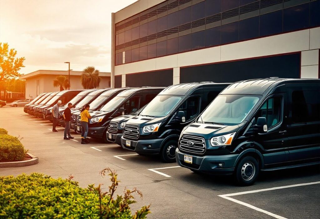 A fleet of black Ford Transit passenger vans aligned neatly in a parking lot next to a modern building, with a few people of Hispanic descent loading luggage into the vans under an overcast sky.