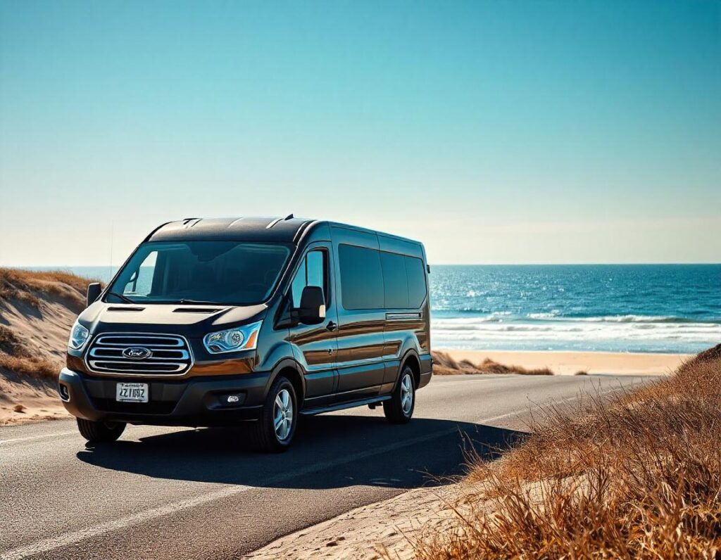 A black ford passenger rental van driving with the coast in sight in Virginia Beach