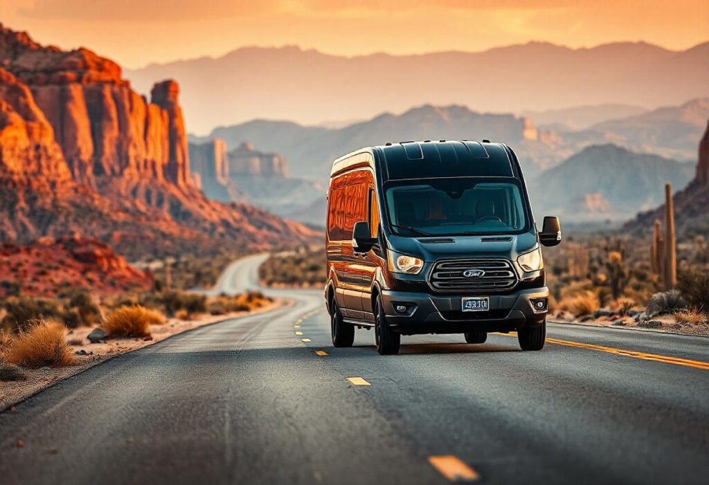 A black ford transit van driving down a road with scenery of red rock country, Arizona 