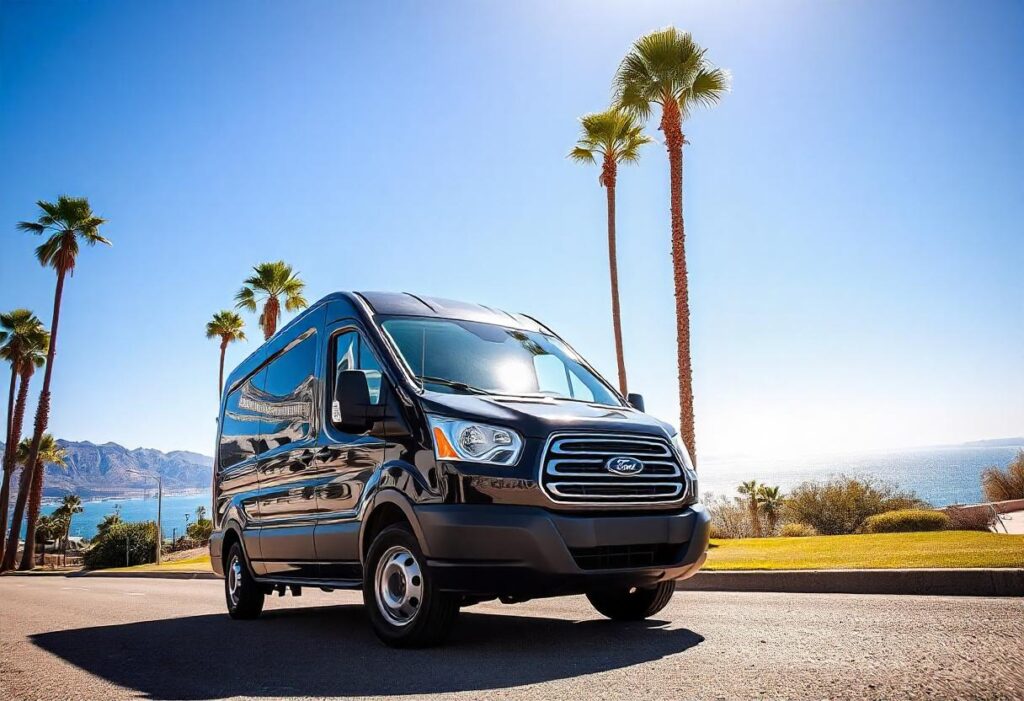 A black ford transit van parked in Palm Springs, California, with tall palm trees and the ocean in the distance