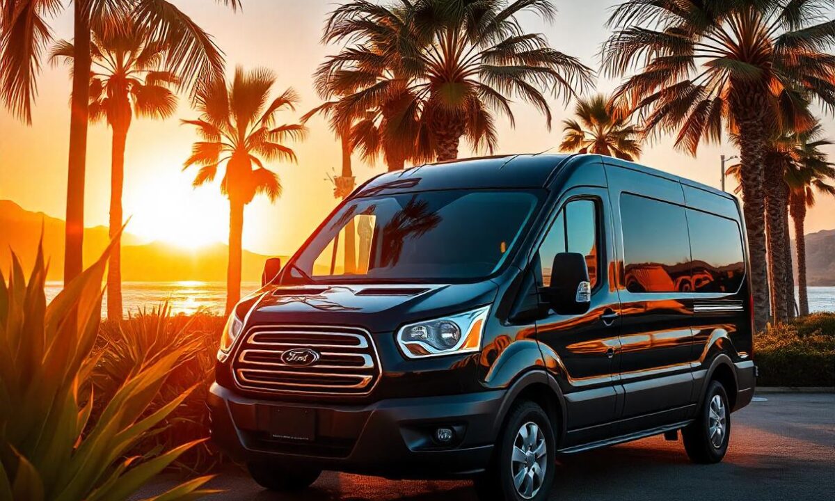 A black ford transit van parked in Palm Springs, California, with tall palm trees and the ocean in the distance