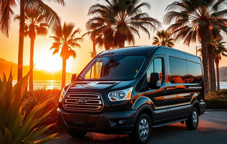 A black ford transit van parked in Palm Springs, California, with tall palm trees and the ocean in the distance