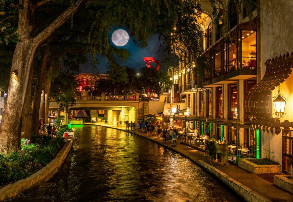 Riverwalk at night in San Antonio, TX