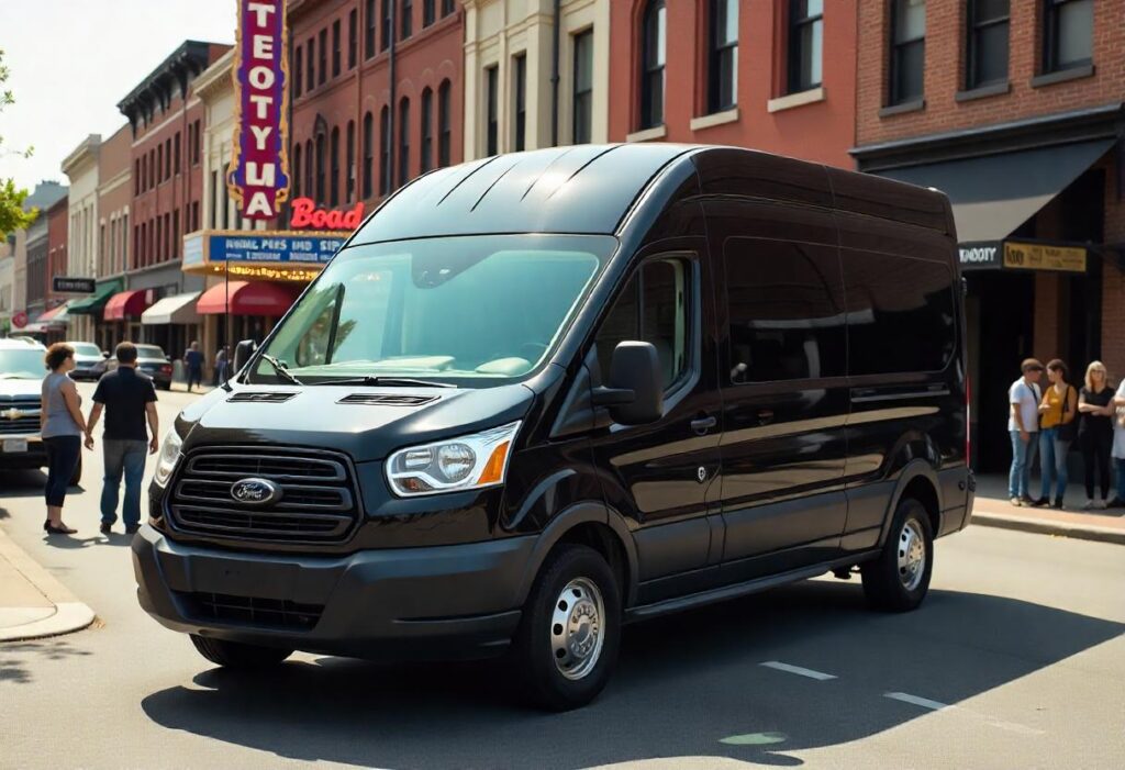 a black Ford Transit passenger van parked on Broadway in Nashville during the day