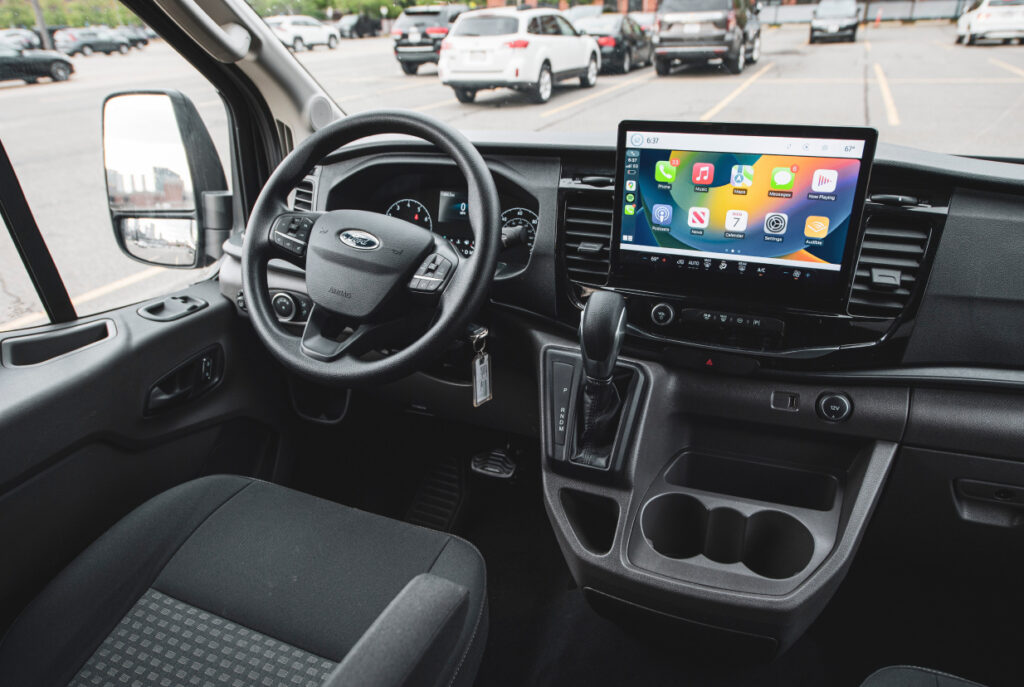 The interior of a Greenvans Ford Transit van for traveling around Boston with kids