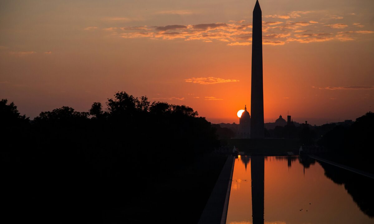 Washington monument at sunset