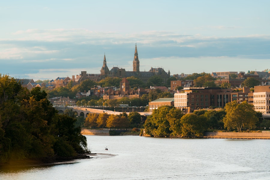 Georgetown skyline across the Potomac River in Washington DC on a sunny day