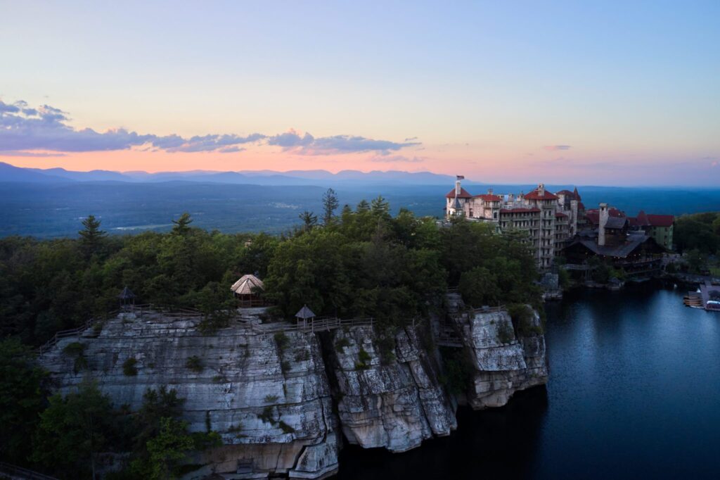 Mohonk Mountain Resort in New York on a cliff at sunset