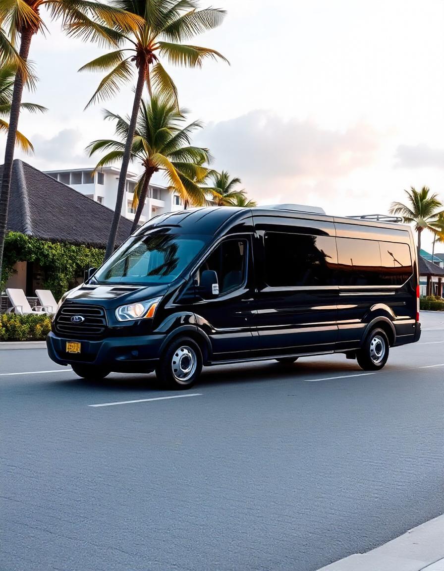 A black Ford Transit passenger van pulling up to an all inclusive resort