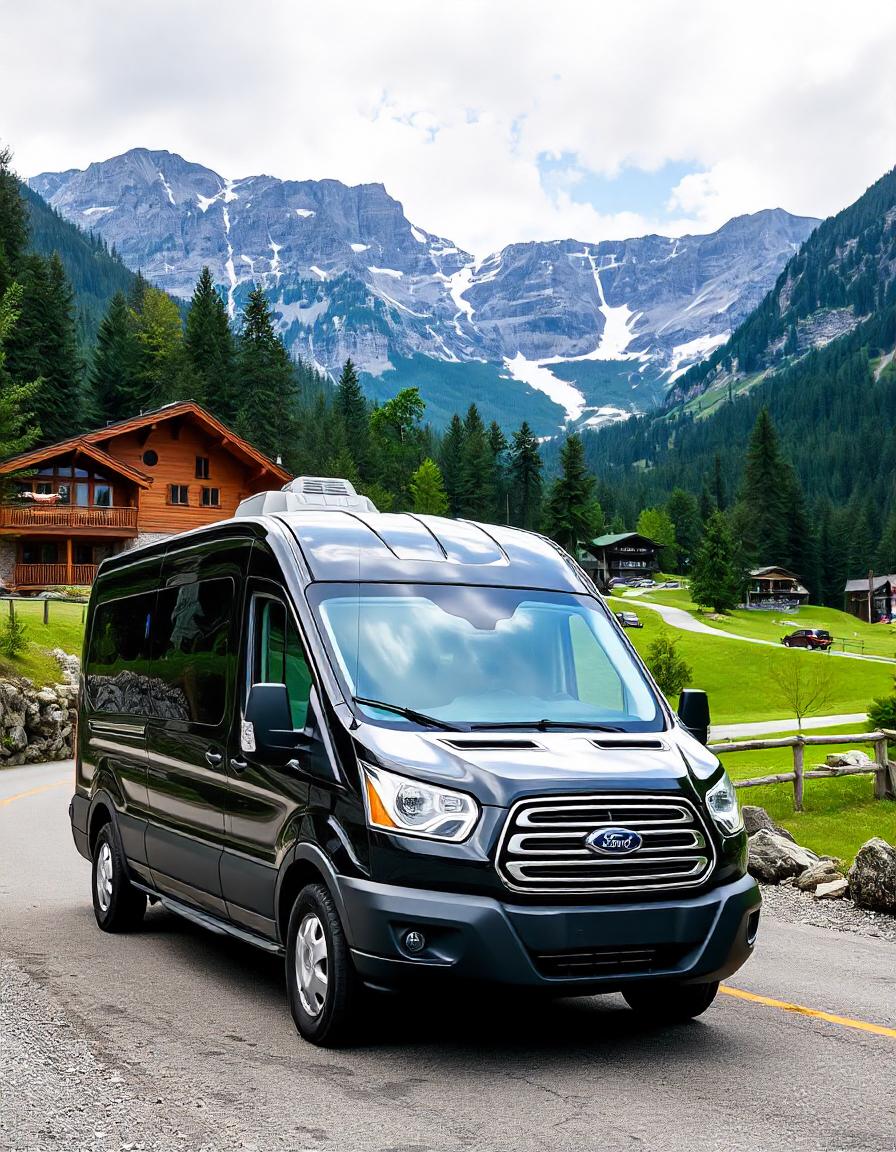 A black Ford Transit passenger van pulling up to a resort in the mountains