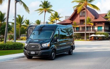 A Black Ford Transit passenger van pulling up to an all-inclusive resort USA