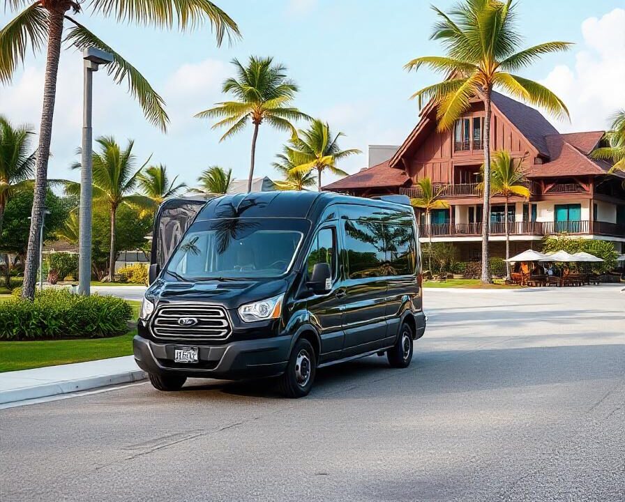 A Black Ford Transit passenger van pulling up to an all-inclusive resort USA