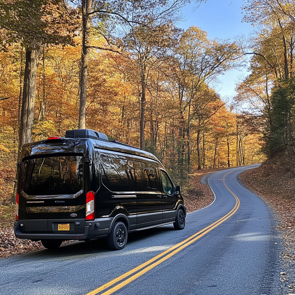 black Ford Transit van driving down a road surrounded by autumn trees