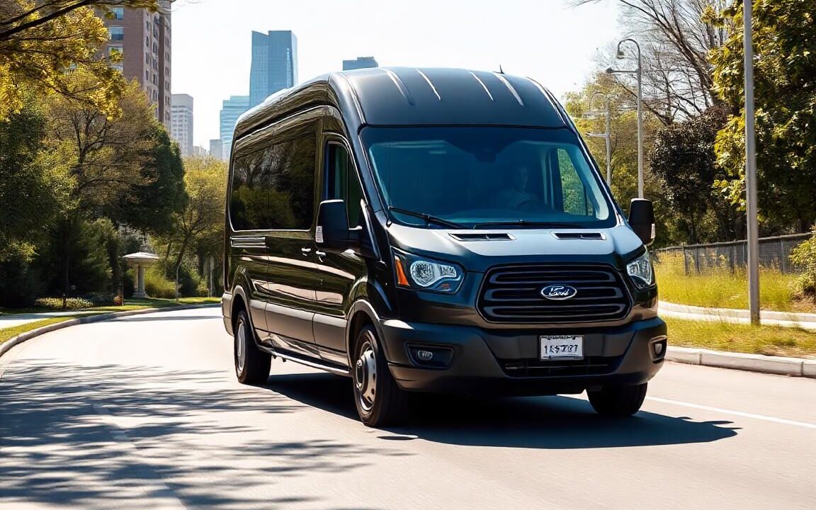 A Black Ford Transit passenger van driving down a road that leads to a cityscape, during the day with sunny skies