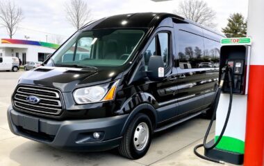 A Black Ford Transit passenger van filling up on gas at a gas station