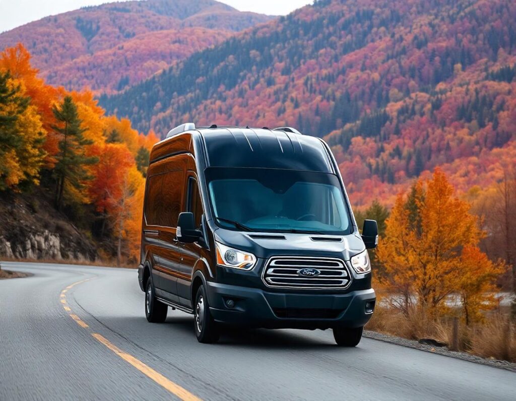 A black Ford Transit passenger van driving through mountains covered in fall foliage