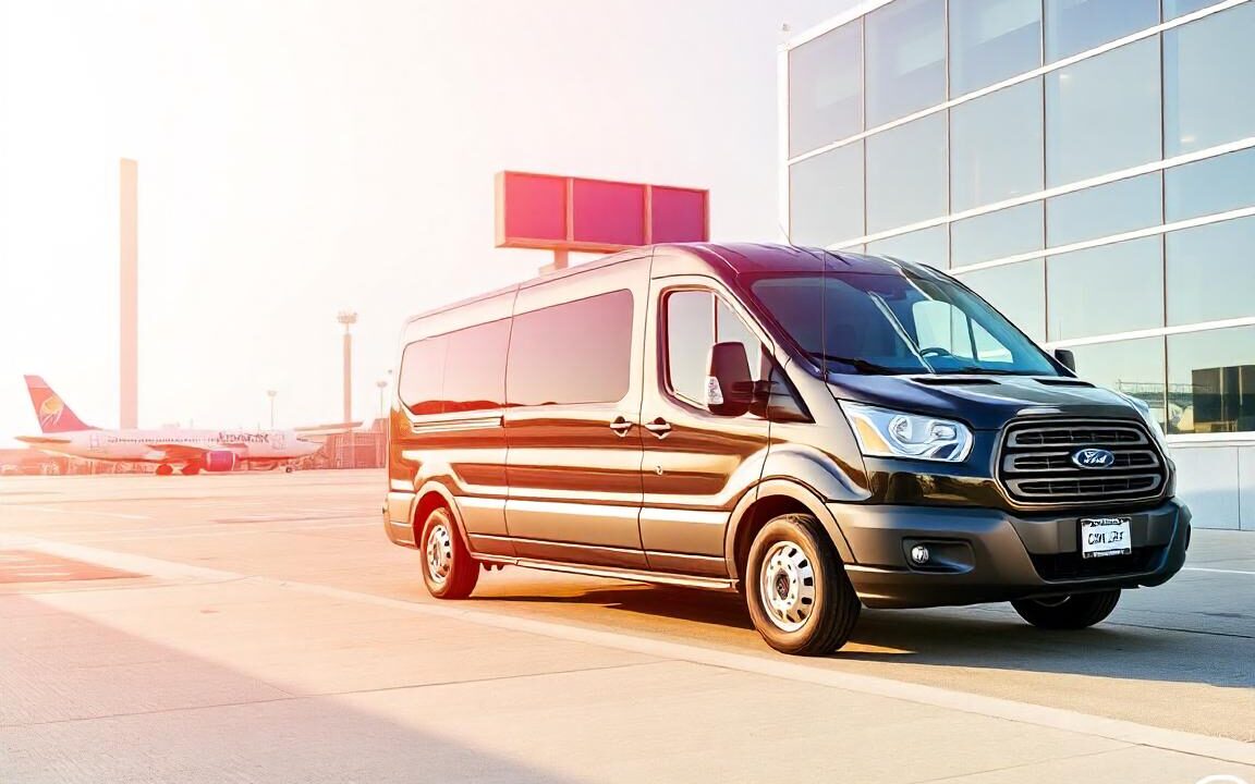 A black Ford Transit passenger van waiting curbside at Washington DC airport