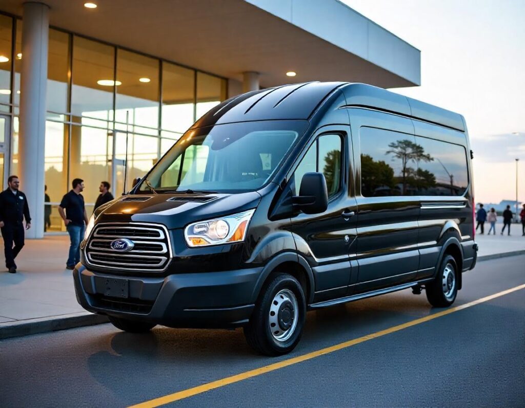 A black Ford Transit passenger van waiting curbside at the airport. 