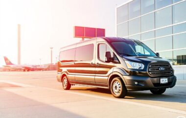 A black Ford Transit passenger van waiting curbside at Washington DC airport