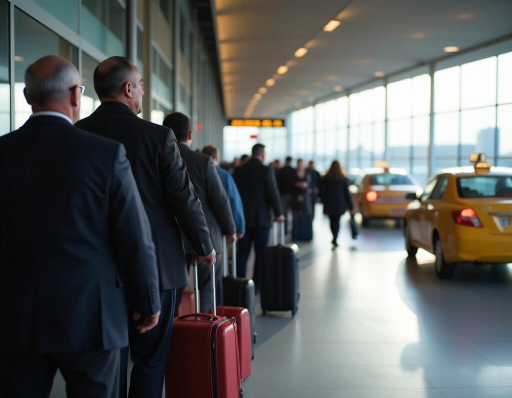 A long line of people with their suitcases waiting for a taxi at the airport