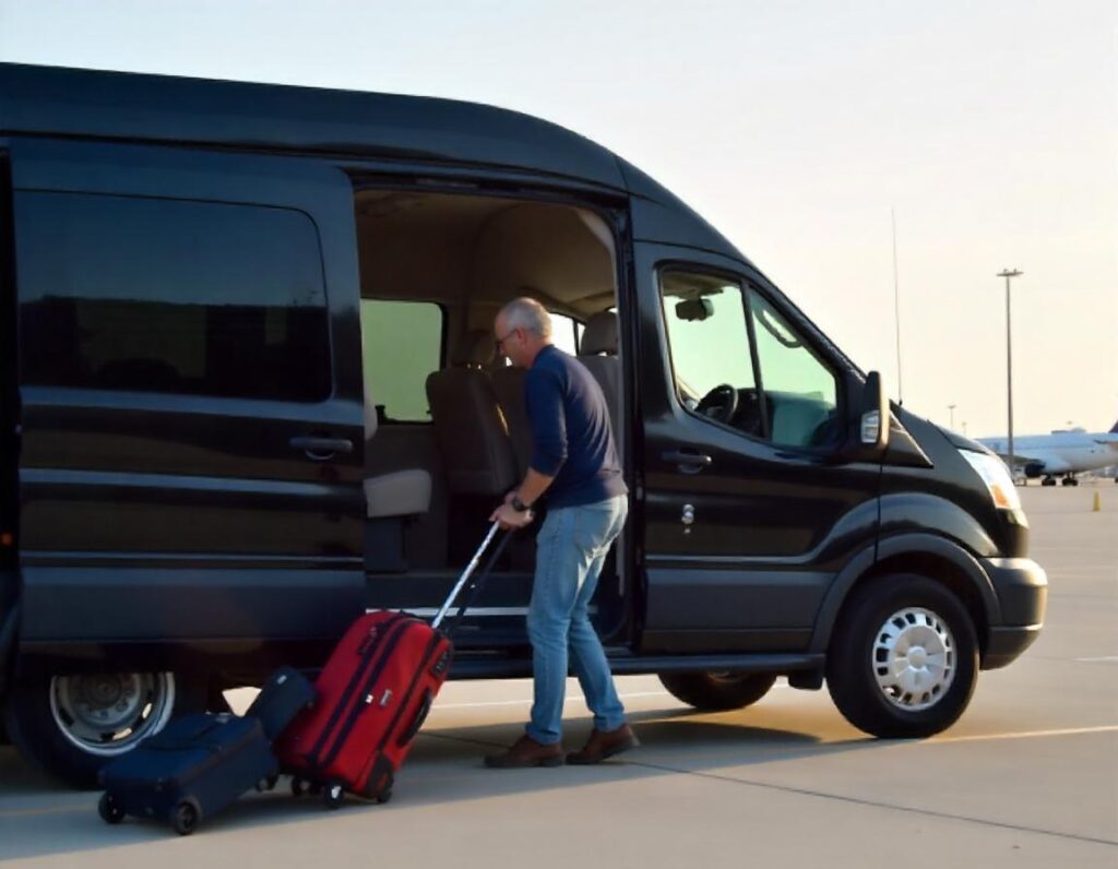 A person loading luggage into a black Ford Transit passenger van curbside at the airport