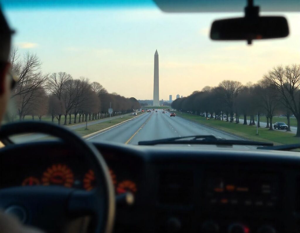 Skyline of Washington DC through the front window of a passenger van, with the steering wheel and dashboard in view