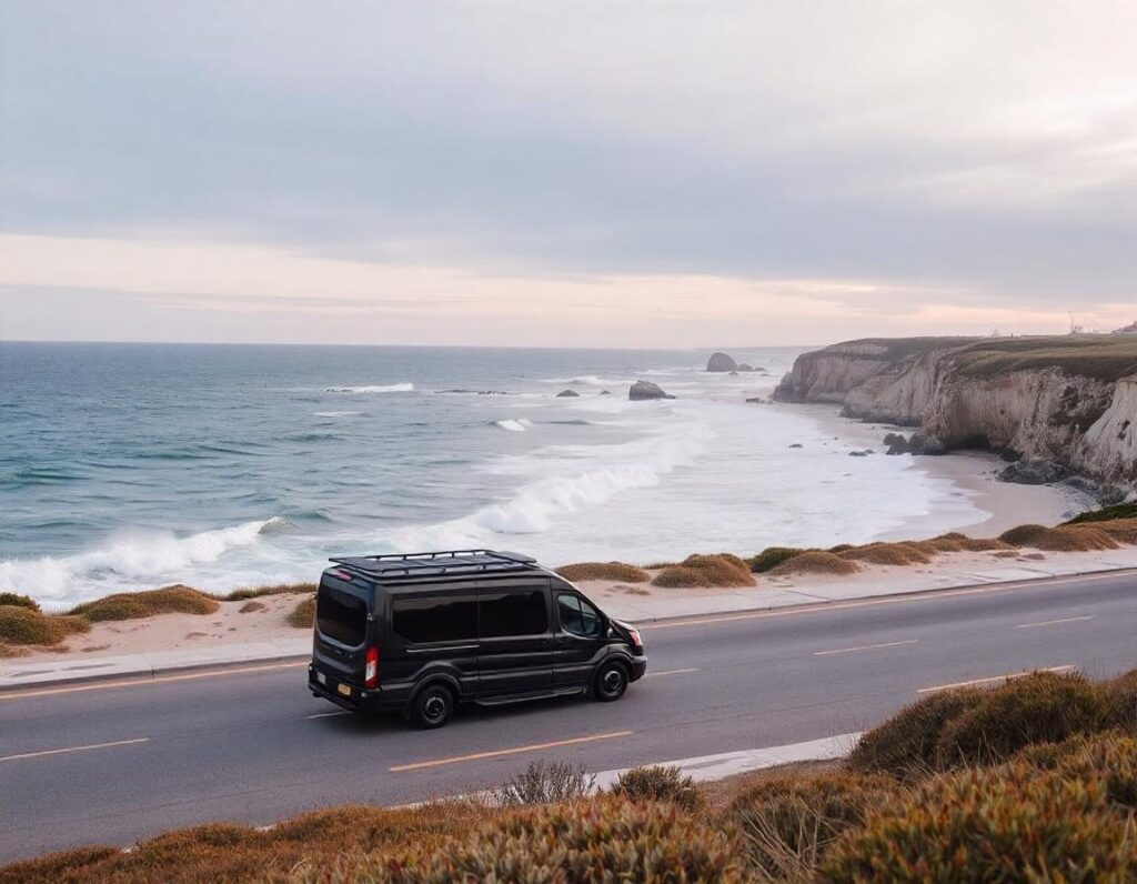 a black ford transit passenger van driving along the Cape Cod seashore