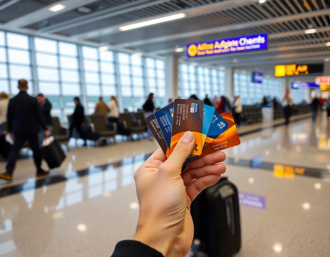 a hand holding airline credit cards in the airport