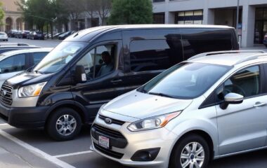 a minivan parked next to a back Ford Transit passenger van in a city parking lot, with both vehicles clear