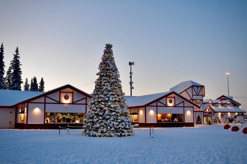 Santas house in North Pole Alaska at dusk