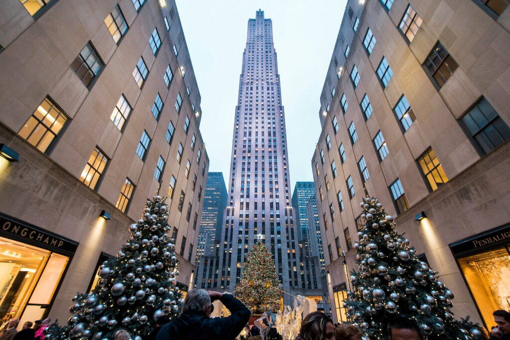 Rockefeller Center at dusk with Christmas Tree in the center