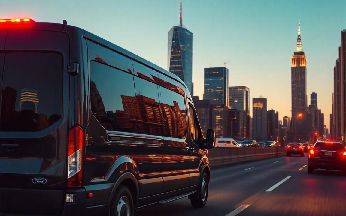 A black ford transit passenger van driving into NYC with skyline ahead