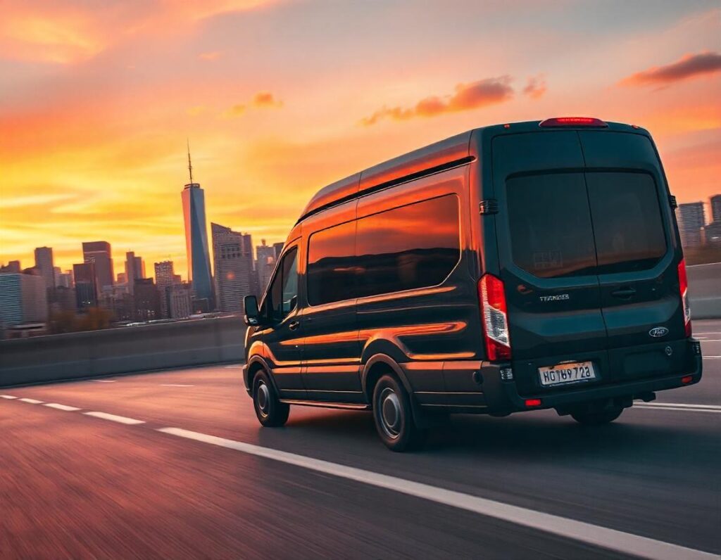 A black Ford Transit passenger van driving toward the NYC skyline at sunset.