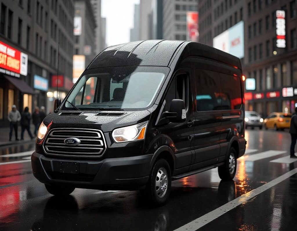 A black ford transit passenger van parked in NYC 