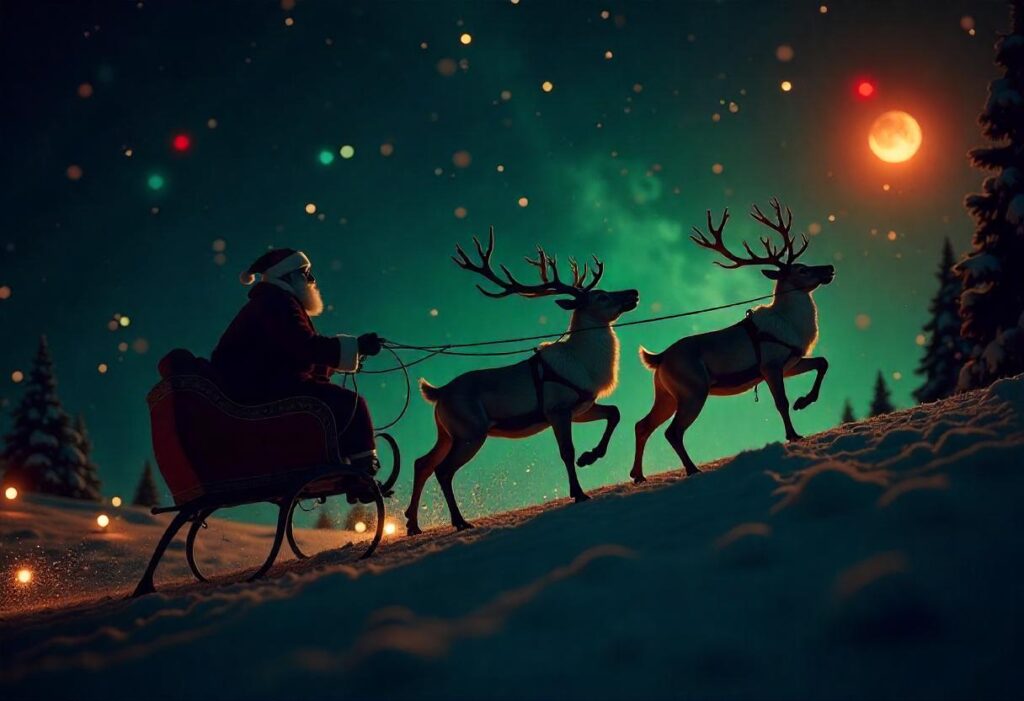 A silhouette of Santa and his reindeer in a starry night sky with colorful imagery