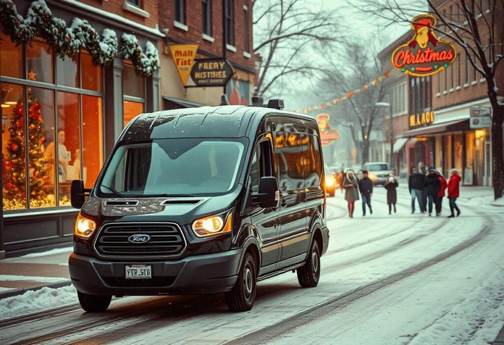 a black ford transit rental van driving down the snowy Main Street in a christmassy town in full color