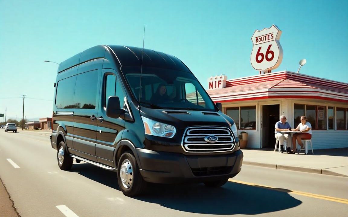 A black Ford transit rental van driving Route 66 with an Americana atmosphere, passing a vintage diner