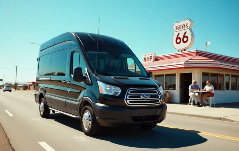 A black Ford transit rental van driving Route 66 with an Americana atmosphere, passing a vintage diner