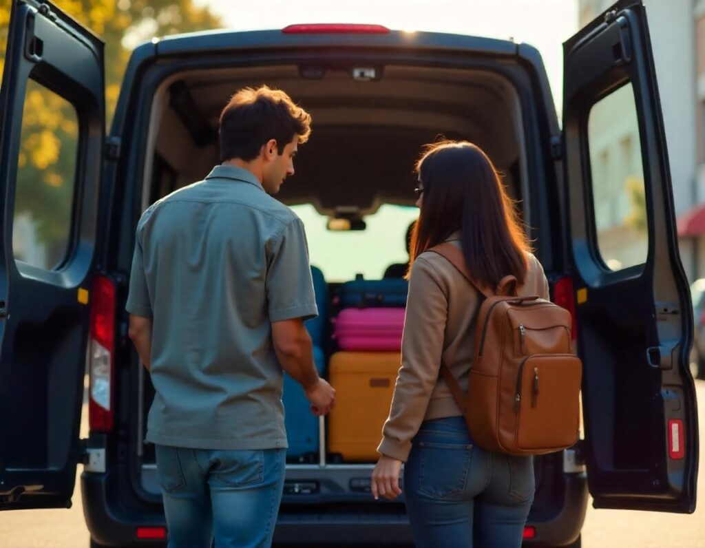 A couple packing suitcases and backpacks in the back of a black Ford Transit passenger van. 