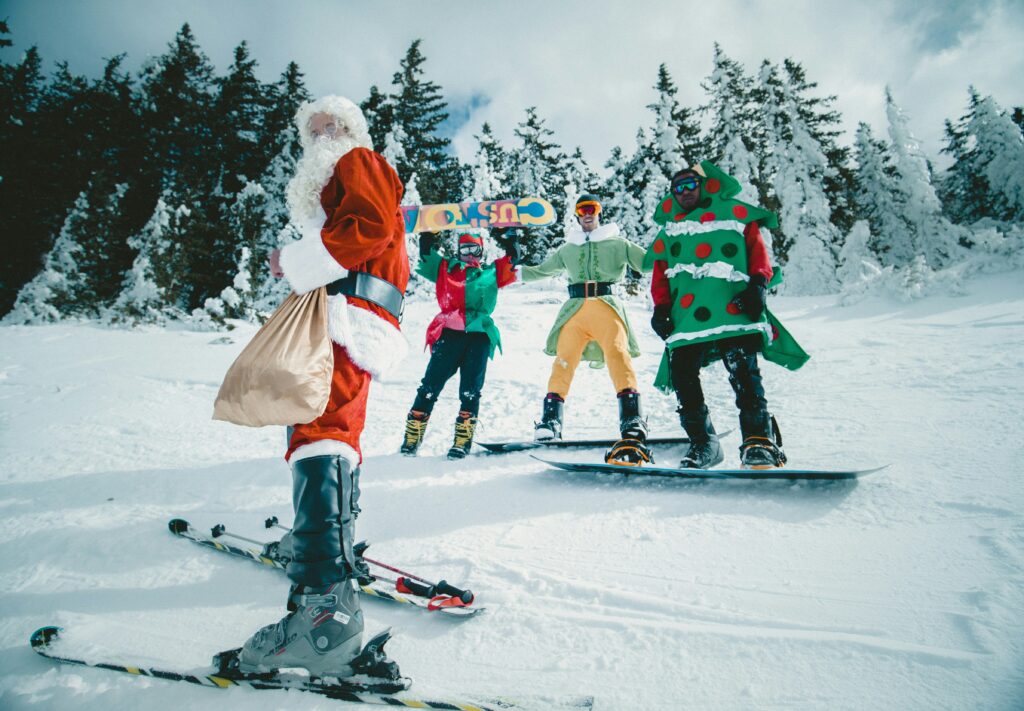 Santa and his team on skis in the snow