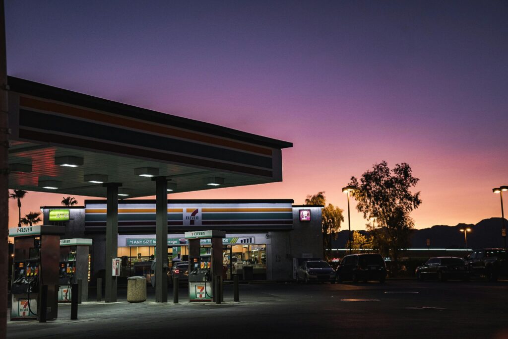 7-11 gas station at sunset