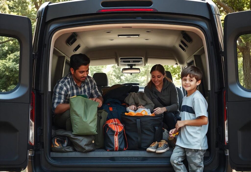 family packing a black Ford transit passenger van with camping gear