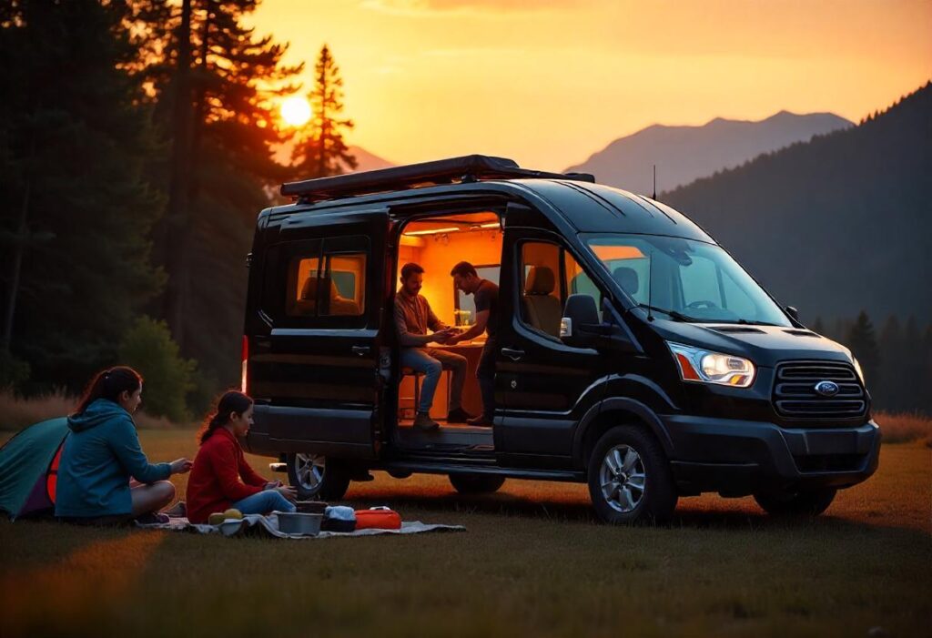 family packing a black Ford transit passenger van with camping gear