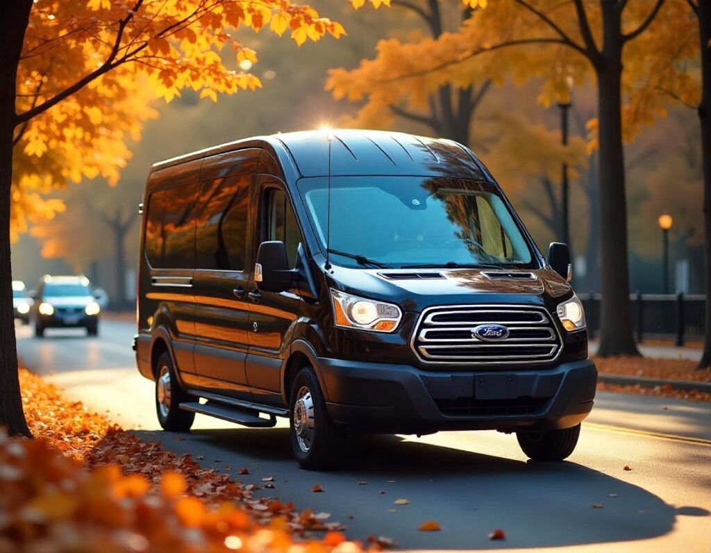 a black Ford Transit rental van driving through fall foliage.