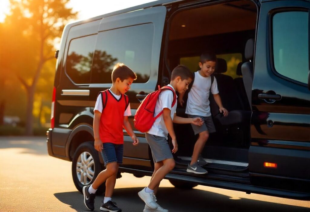 youth sports team climbing into a black Ford transit passenger van 