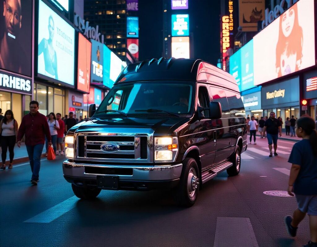 black ford passenger van driving in NYC