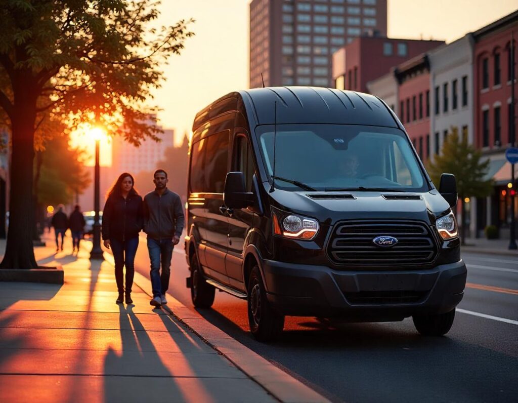 A black Ford Transit passenger van parked on the sidewalk in a city at sunset