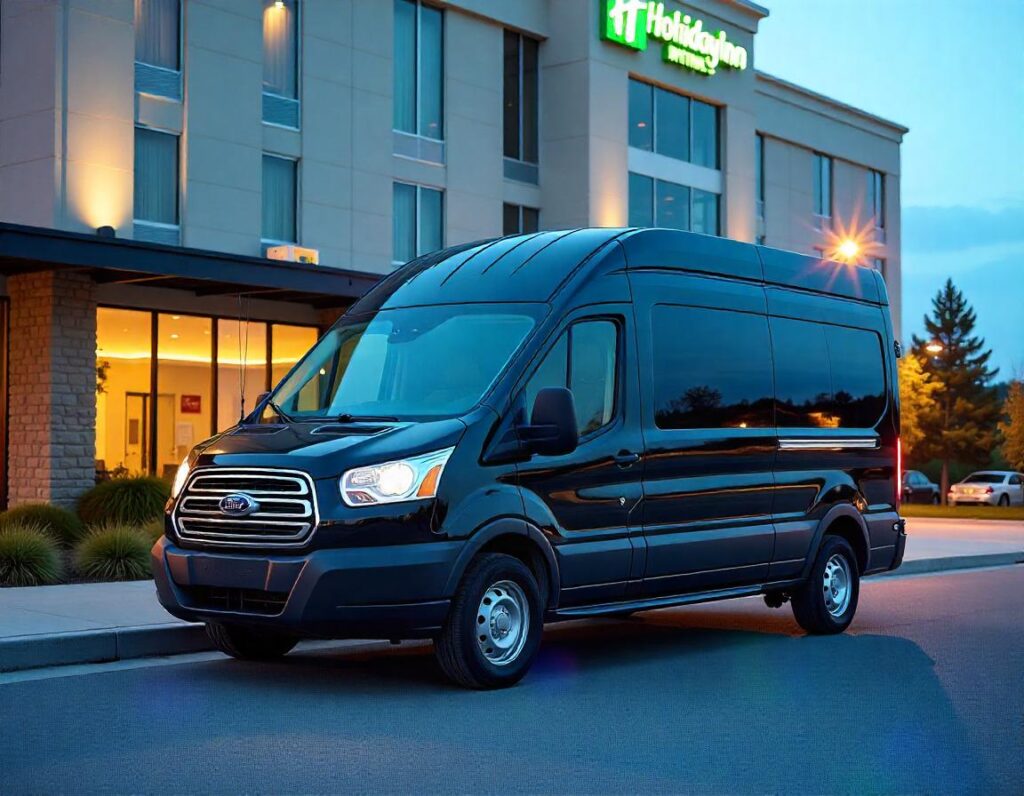 A black Ford Transit passenger van parked in front of a Holiday Inn or similar hotel