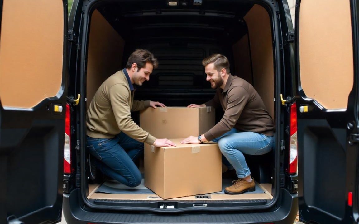 a couple packing furniture into a black ford transit van