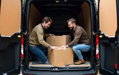 a couple packing furniture into a black ford transit van